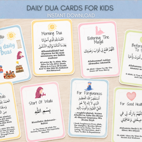 Daily Dua Cards for Kids – 30 Islamic Dua Flashcards | Printable Muslim Kids Cards | Arabic, Transliteration & English | Instant Download
